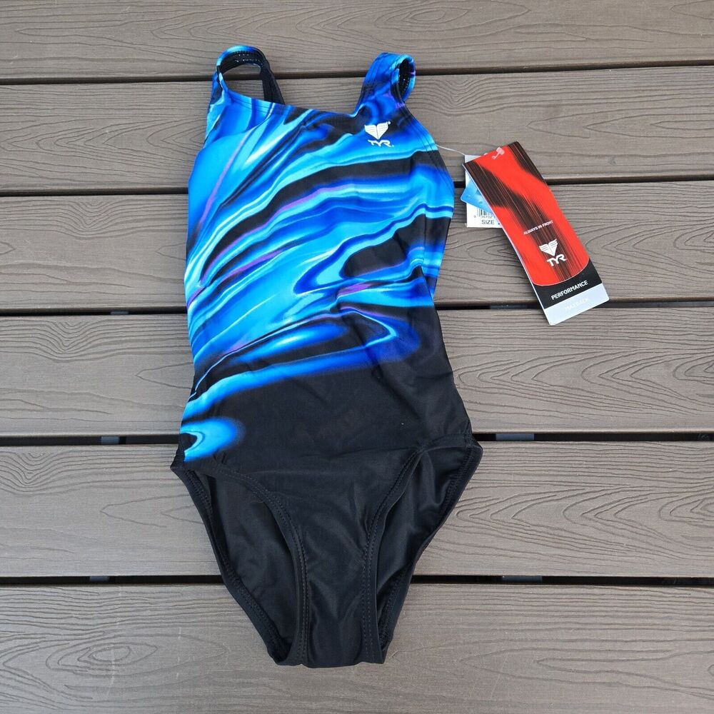 TYR Durafast Youth Girls Aurora Maxfit Swimsuit/Bathing Suit, Blue SZ 22 New